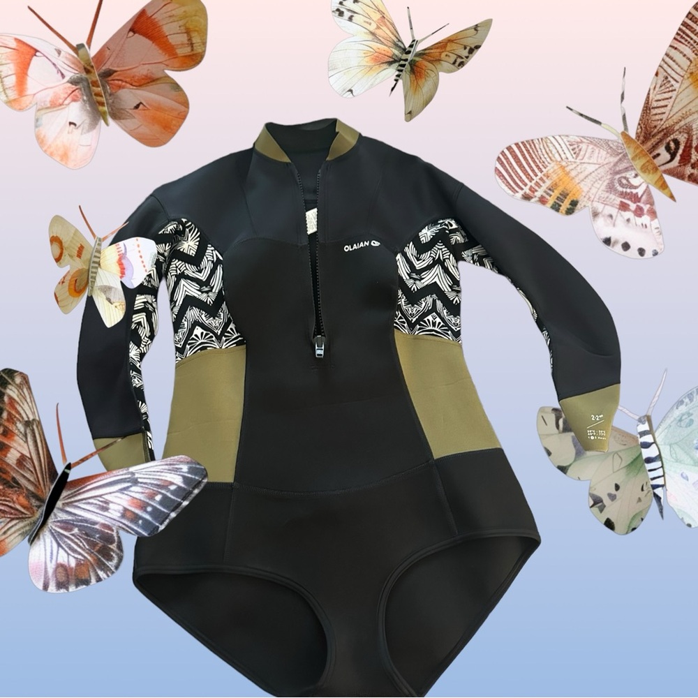 Olian Women's Black & Olive Long-Sleeve Surf One-Piece wetsuit